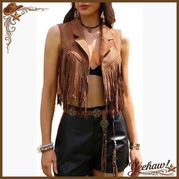 Jackets & Blazers - Faux Suede Fringe Vest Sleeveless Crop Open Front Tassel Jacket Size Large